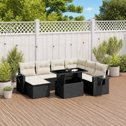 Garden Sofa Set 9 Piece Outdoor Furniture Black Poly Rattan with Cushions Patio