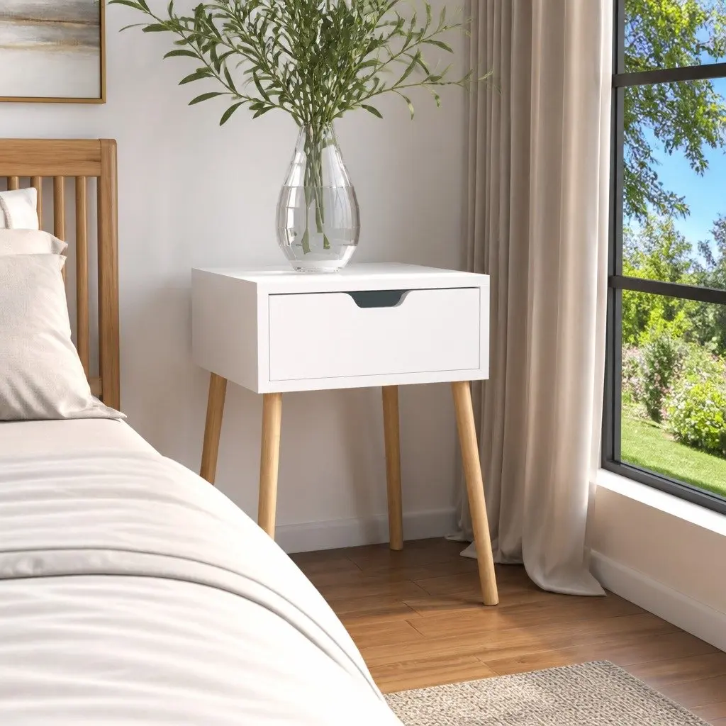 Bedside Table Engineered Wood White Compact 40x40x56cm Nightstand Storage Drawer