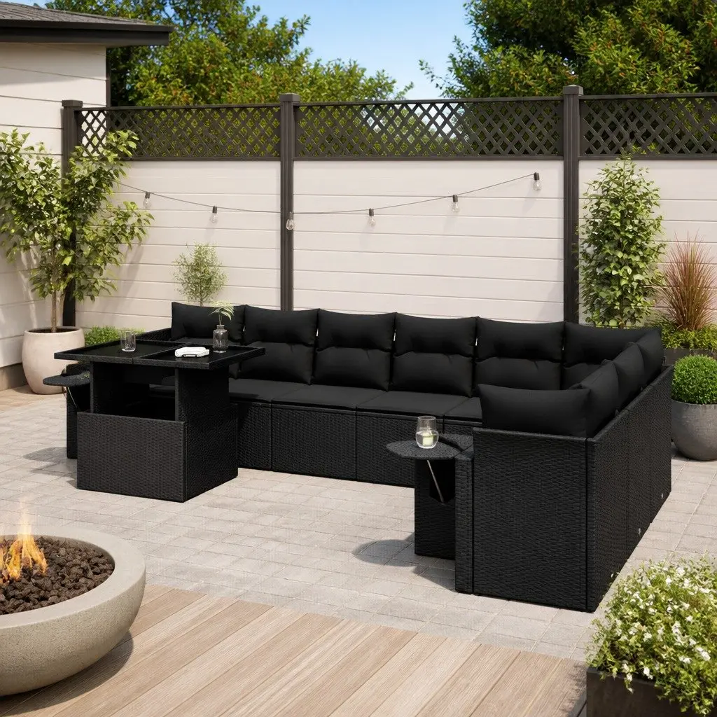 Garden Sofa Set 10 Piece Outdoor Furniture Black Poly Rattan Modular Patio