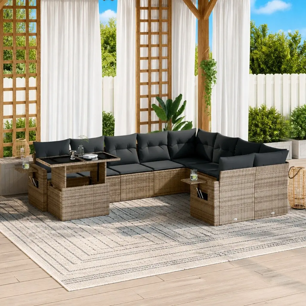 10 Piece Garden Sofa Set Modular Grey Poly Rattan with Cushions Outdoor Furniture