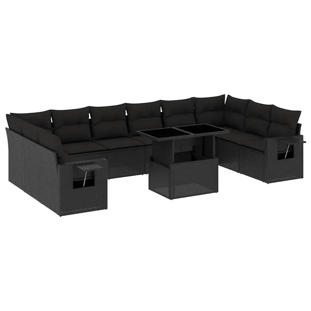 Modular Outdoor Furniture Set Black PE Rattan 11 Piece Garden Sofa with Cushions and Adjustable Table