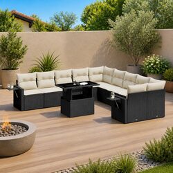 Garden Sofa Set 11 Piece Outdoor Furniture Black Poly Rattan Patio with Cushions
