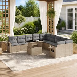 Garden Sofa Set 11 Piece Outdoor Furniture Patio Beige Poly Rattan with Cushions