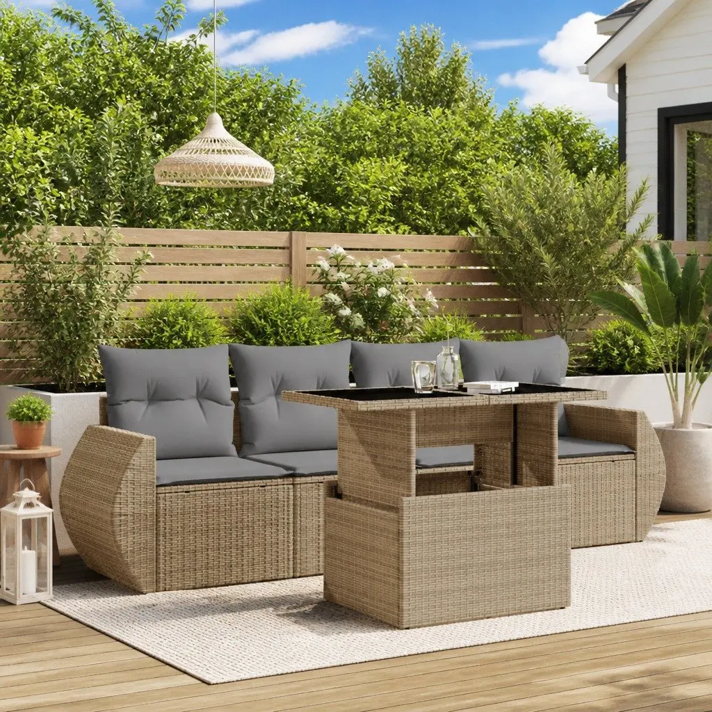 5 Piece Garden Sofa Set Beige Poly Rattan with Cushions