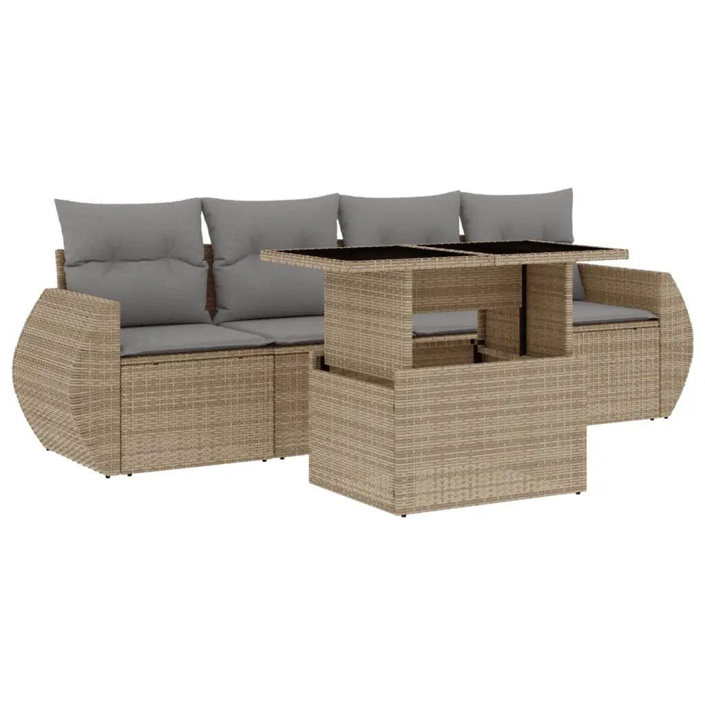 5 Piece Garden Sofa Set Beige Poly Rattan with Cushions