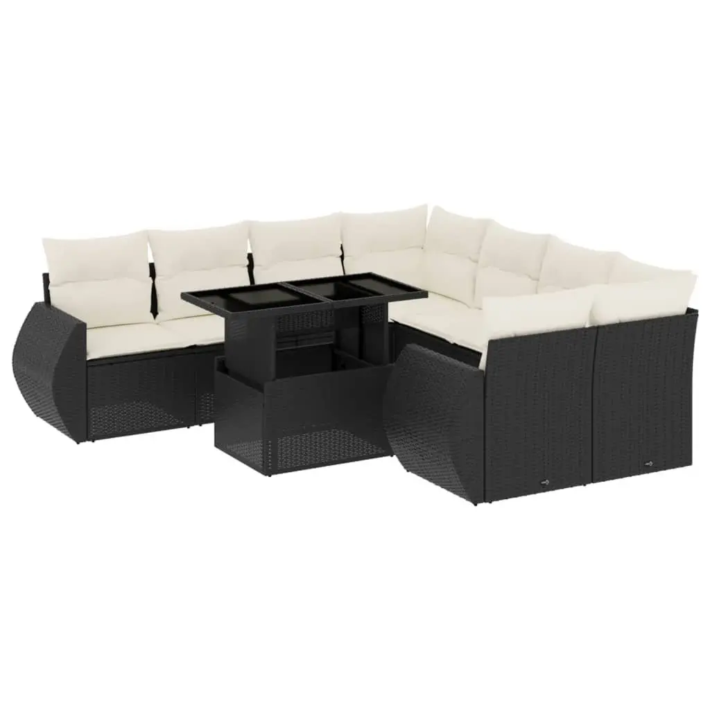 Garden Sofa Set 9 Piece Outdoor Furniture Patio with Cushions Black Poly Rattan