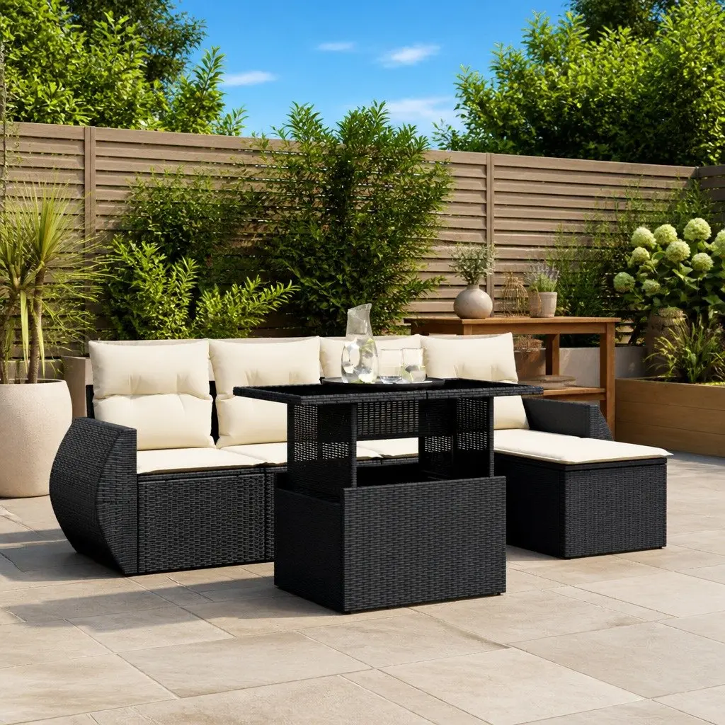 Garden Sofa Set 6 Piece Black Poly Rattan Outdoor Furniture with Cushions Patio