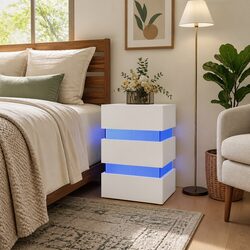 LED Bedside Cabinet White Engineered Wood Nightstand Storage Table with Light