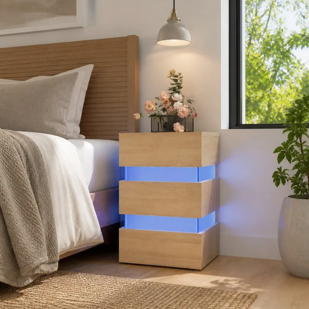 Bedside Table with LED Light Storage Cabinet Nightstand Engineered Wood Brown