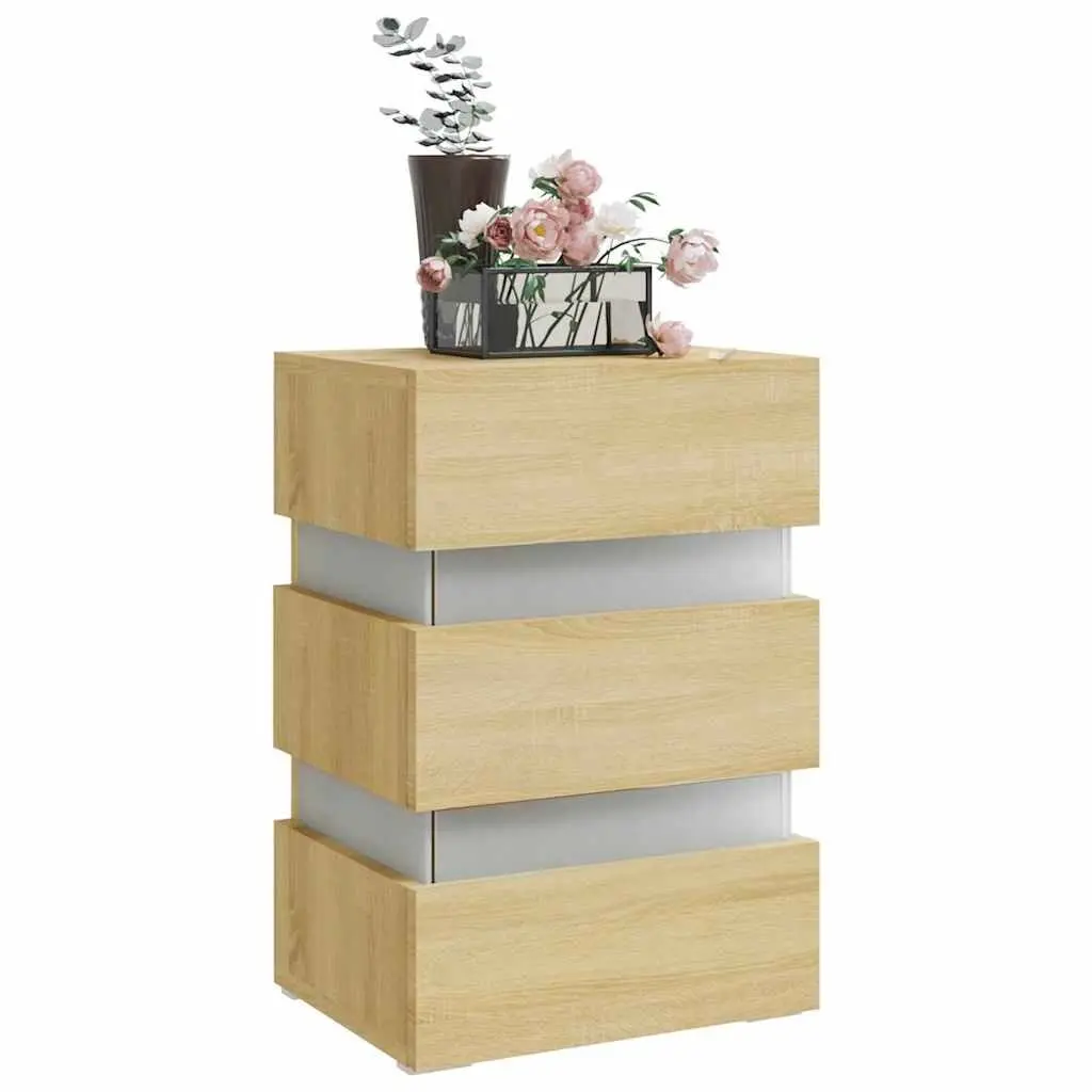 Bedside Table with LED Light Storage Cabinet Nightstand Engineered Wood Brown