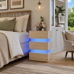 Bedside Table with LED Light Storage Cabinet Engineered Wood Nightstand