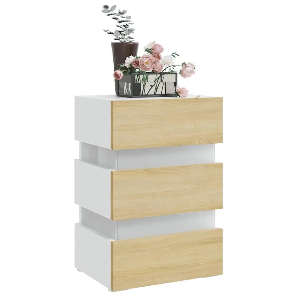 Bedside Table with LED Light Storage Cabinet Engineered Wood Nightstand