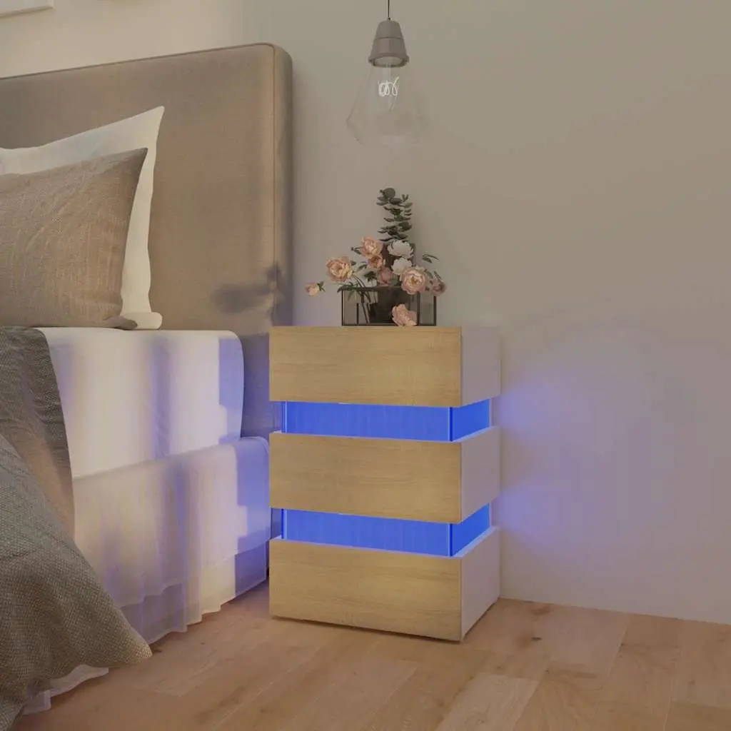 Bedside Table with LED Light Storage Cabinet Engineered Wood Nightstand