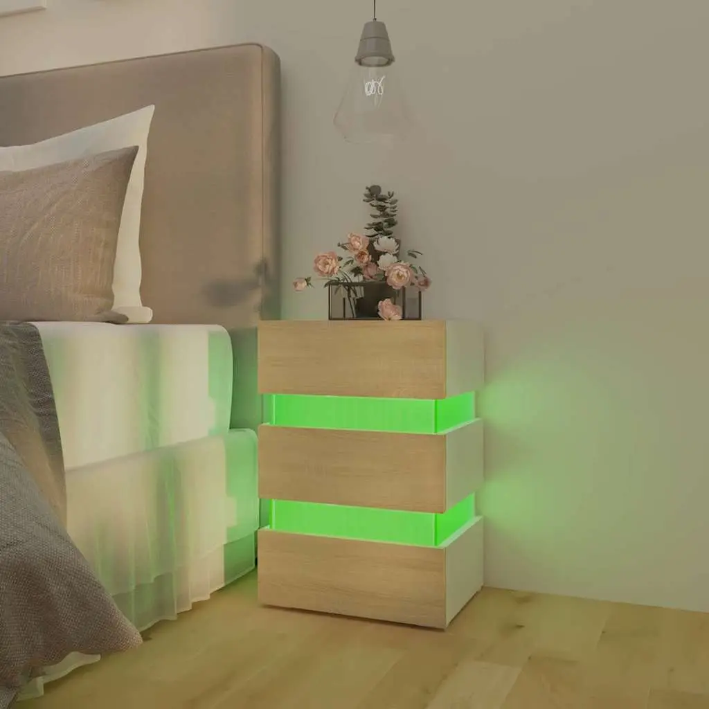 Bedside Table with LED Light Storage Cabinet Engineered Wood Nightstand