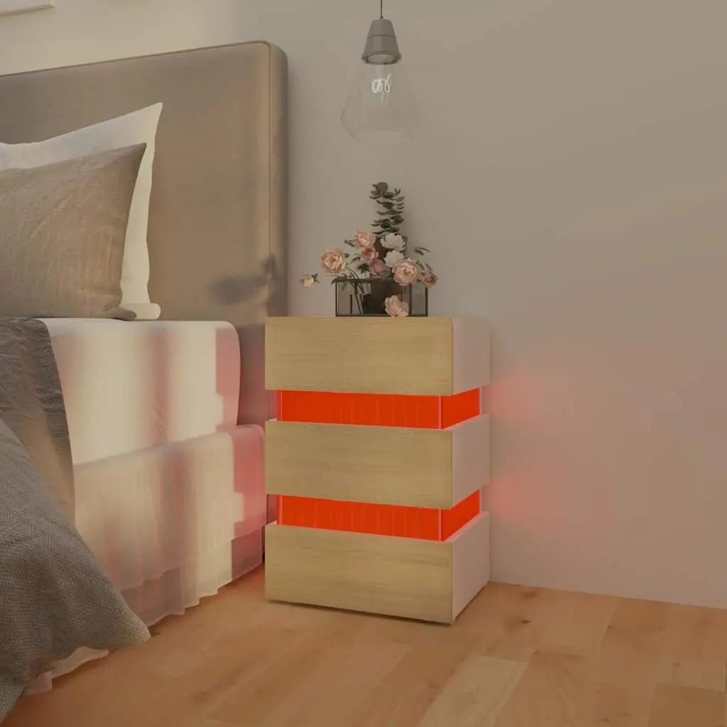 Bedside Table with LED Light Storage Cabinet Engineered Wood Nightstand