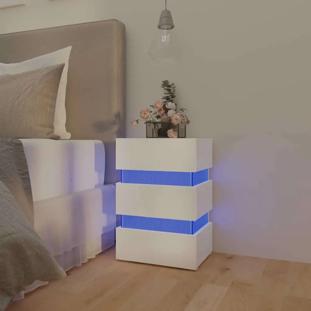 LED Bedside Cabinet White High Gloss Engineered Wood Nightstand Storage Table