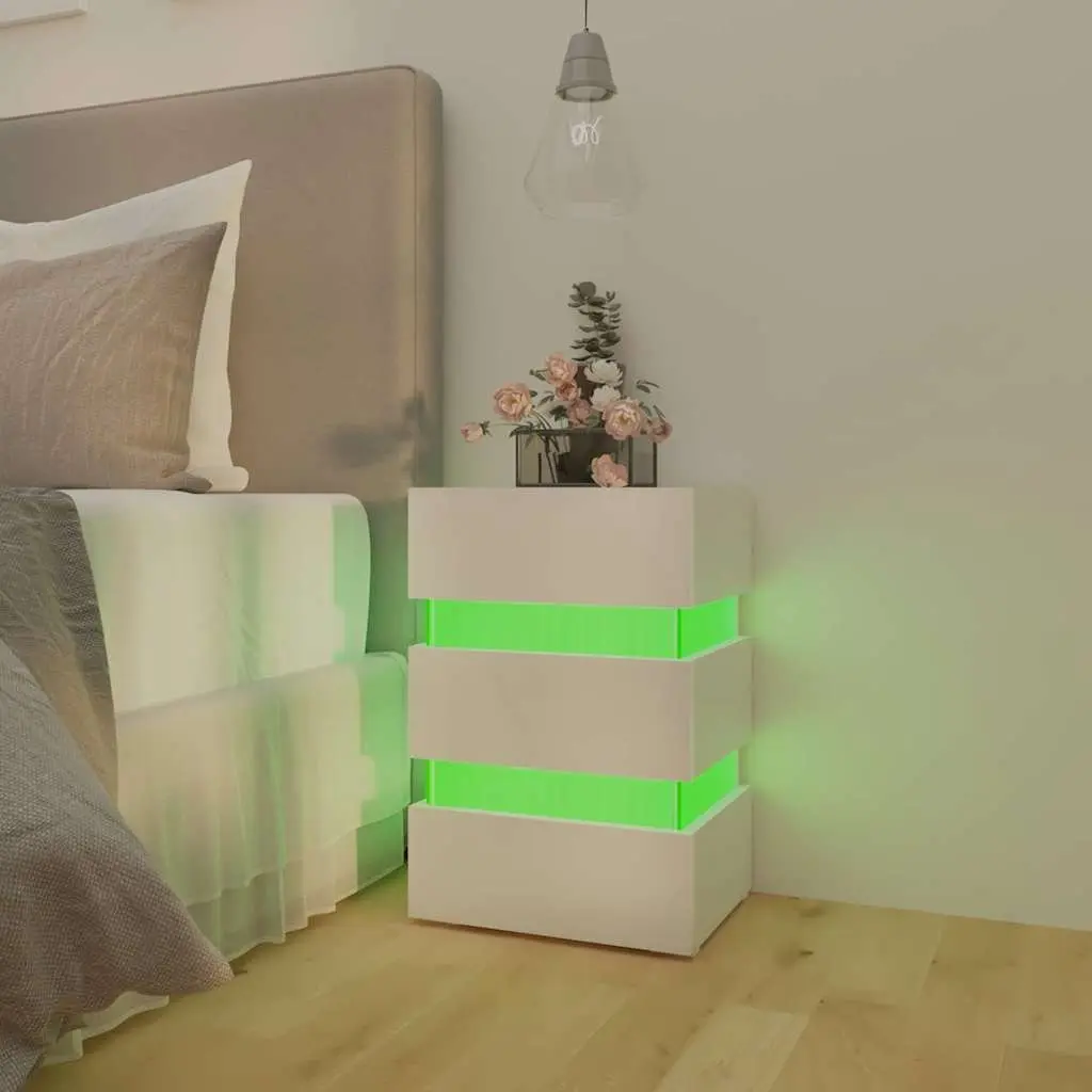 LED Bedside Cabinet White High Gloss Engineered Wood Nightstand Storage Table