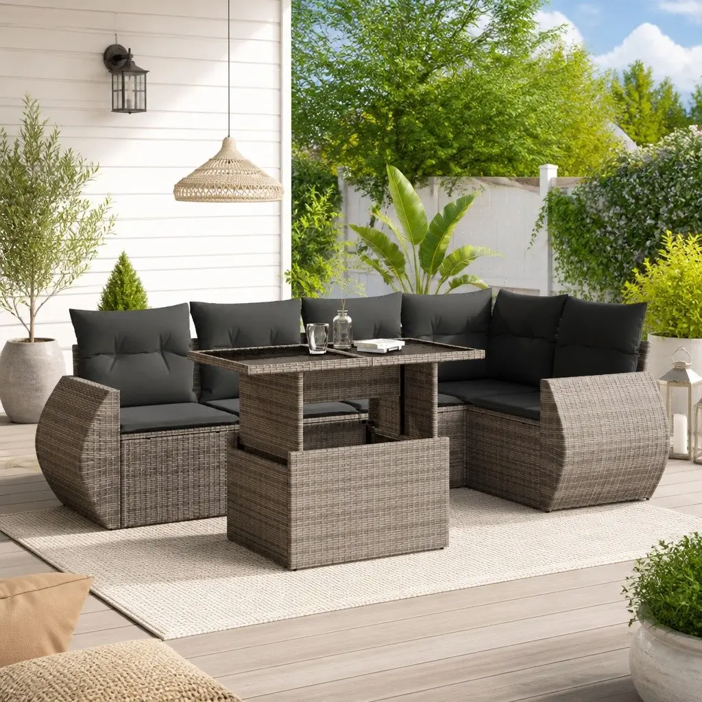 Garden Sofa Set 6 Piece Outdoor Furniture Grey Poly Rattan Patio Lounge with
