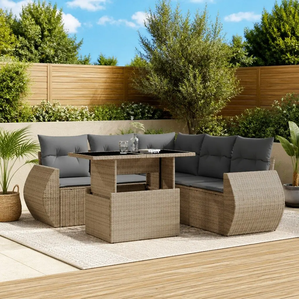 Beige Modular Outdoor Sofa Set 6 Piece Poly Rattan with Cushions for Patio Garden