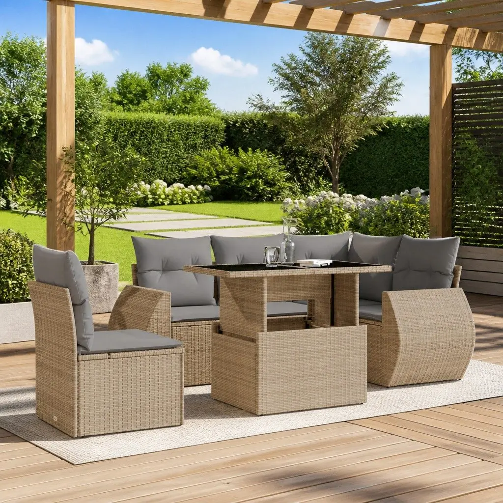Garden Sofa Set 6 Piece Outdoor Furniture Beige Cushions Patio Seating