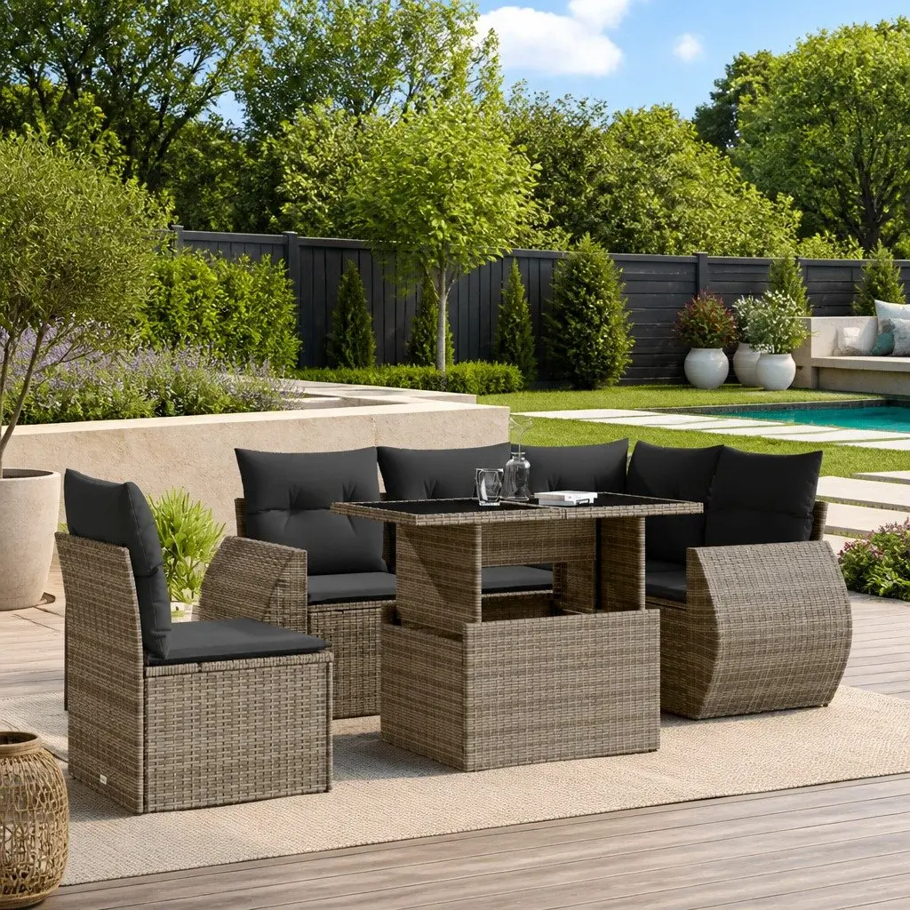 6 Piece Garden Sofa Set Grey Poly Rattan Outdoor Furniture with Cushions