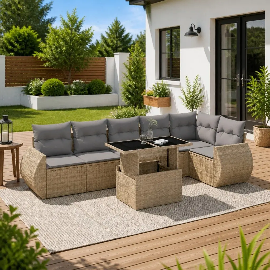 7 Piece Garden Sofa Set Beige Poly Rattan Modular Outdoor Furniture with Adjustable Tabletop