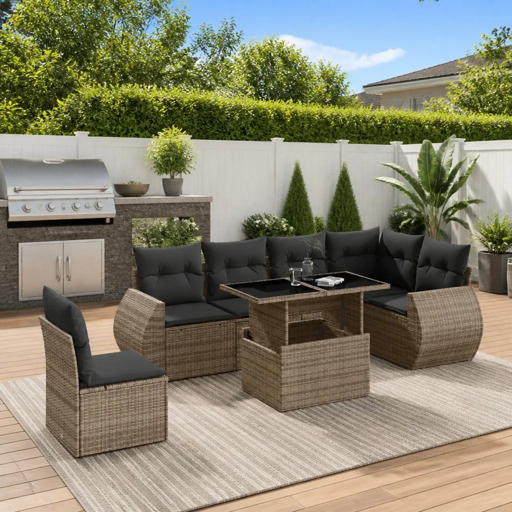 7 Piece Outdoor Patio Furniture Set Modular Grey Rattan Sofa with Cushions