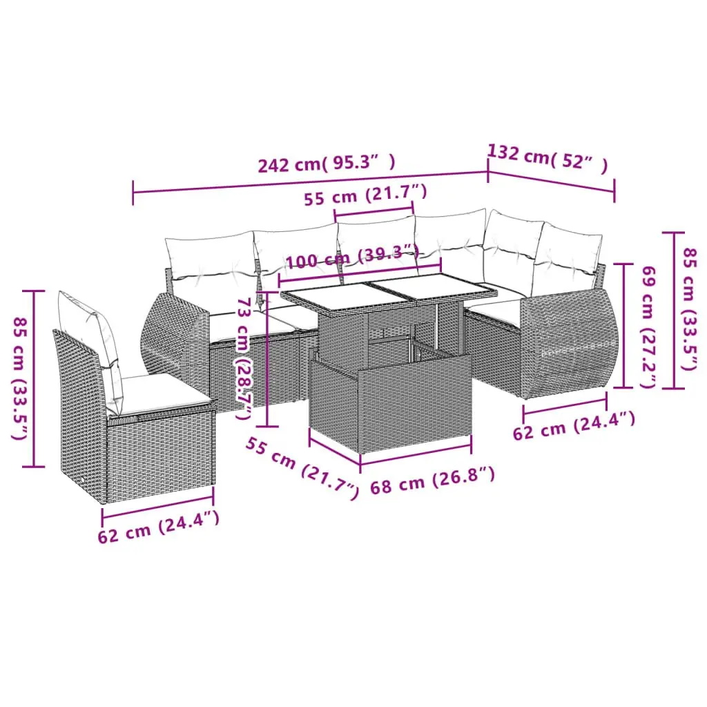 7 Piece Outdoor Patio Furniture Set Modular Grey Rattan Sofa with Cushions