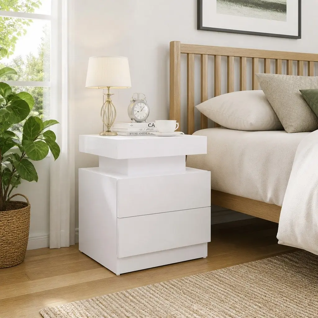 Bedside Cabinet High Gloss White Engineered Wood Nightstand Storage Table