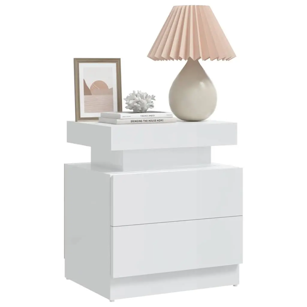 Bedside Cabinet High Gloss White Engineered Wood Nightstand Storage Table
