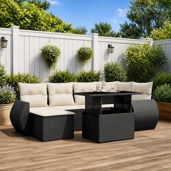 7 Piece Outdoor Garden Sofa Set Black PE Rattan Patio Furniture Cushions