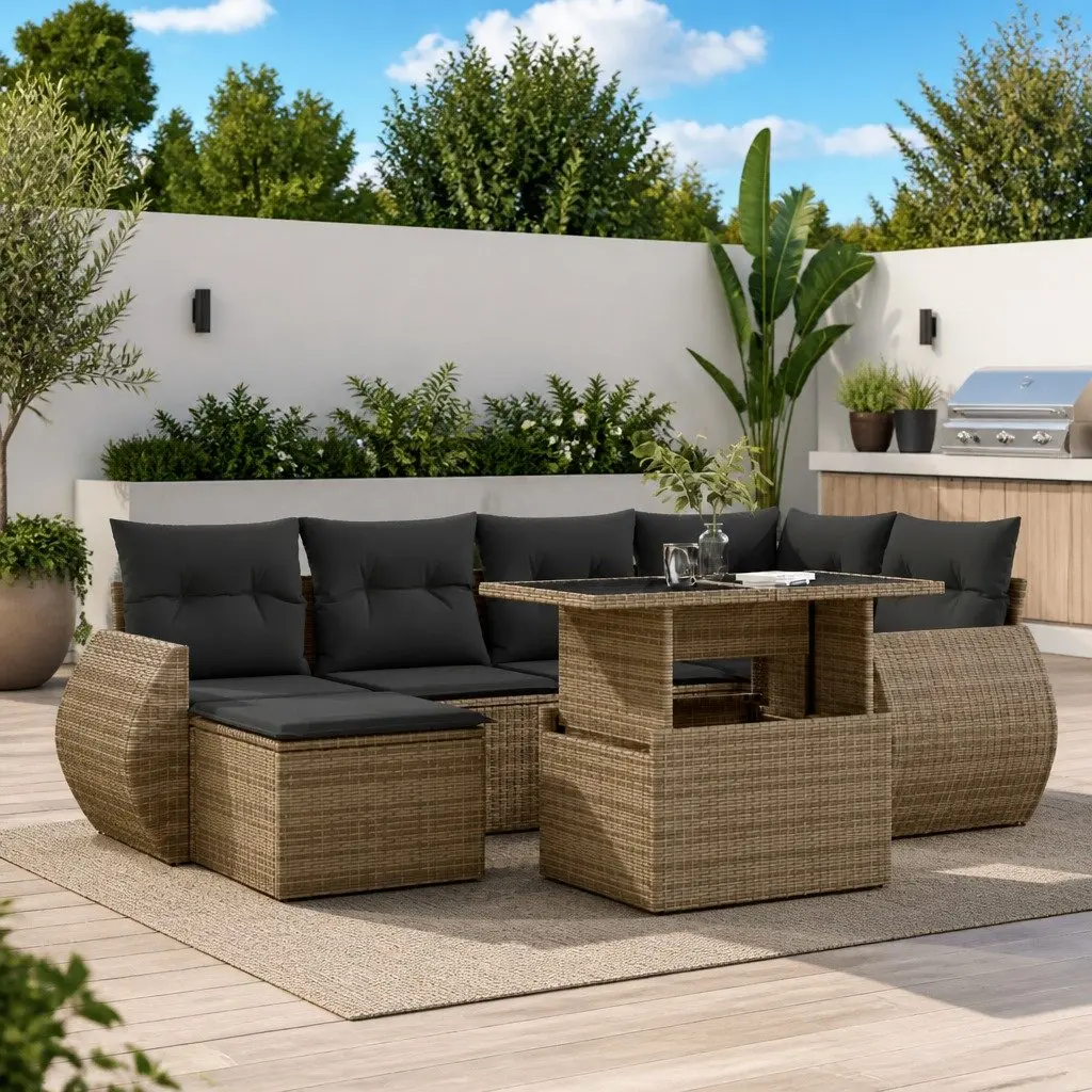 7 Piece Modular Garden Sofa Set Grey PE Rattan Outdoor Furniture with Removable Washable Cushions and Adjustable Tabletop