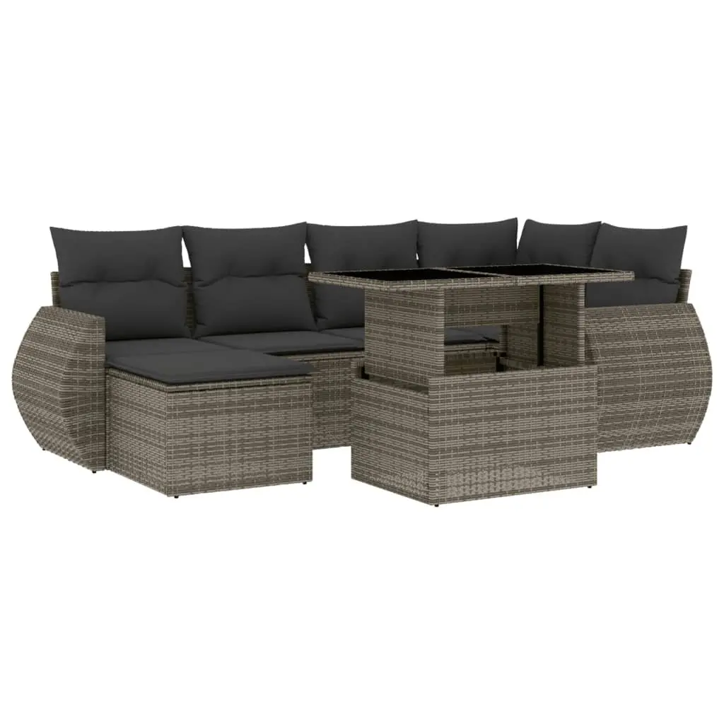 7 Piece Modular Garden Sofa Set Grey PE Rattan Outdoor Furniture with Removable Washable Cushions and Adjustable Tabletop