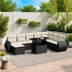 Garden Sofa Set 9 Piece Outdoor Furniture Black Poly Rattan Patio with Cushions