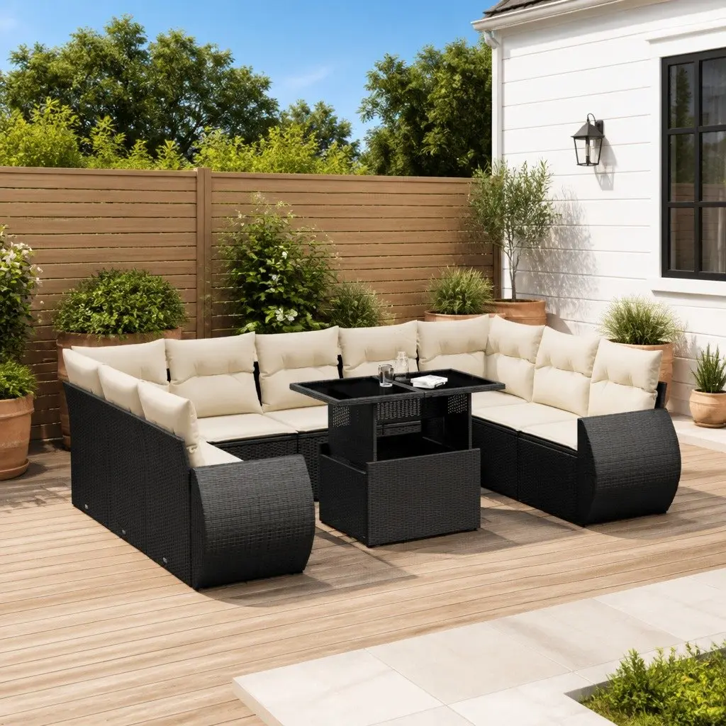 10 Piece Garden Sofa Set Black Poly Rattan Outdoor Furniture Patio Lounge