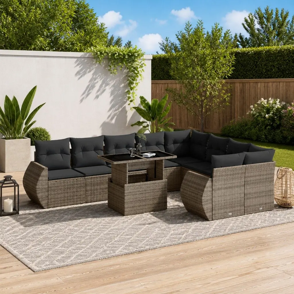 Modular Patio Sofa Set Grey Poly Rattan Outdoor Furniture 10 Piece