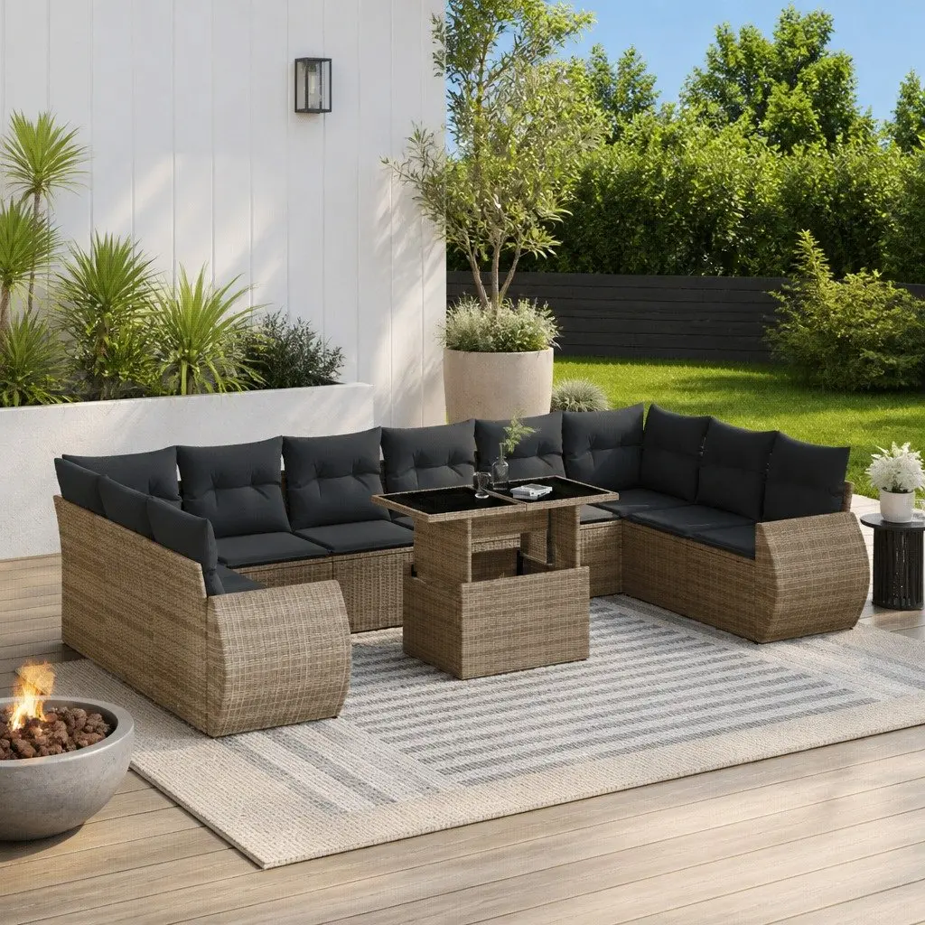 Garden Sofa Set 11 Piece Grey Poly Rattan Outdoor Furniture with Cushions Patio