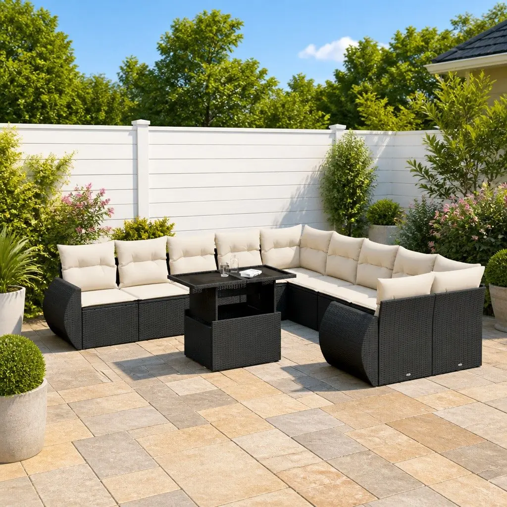 11 Piece Garden Sofa Set Black Poly Rattan Outdoor Furniture Patio Cushions