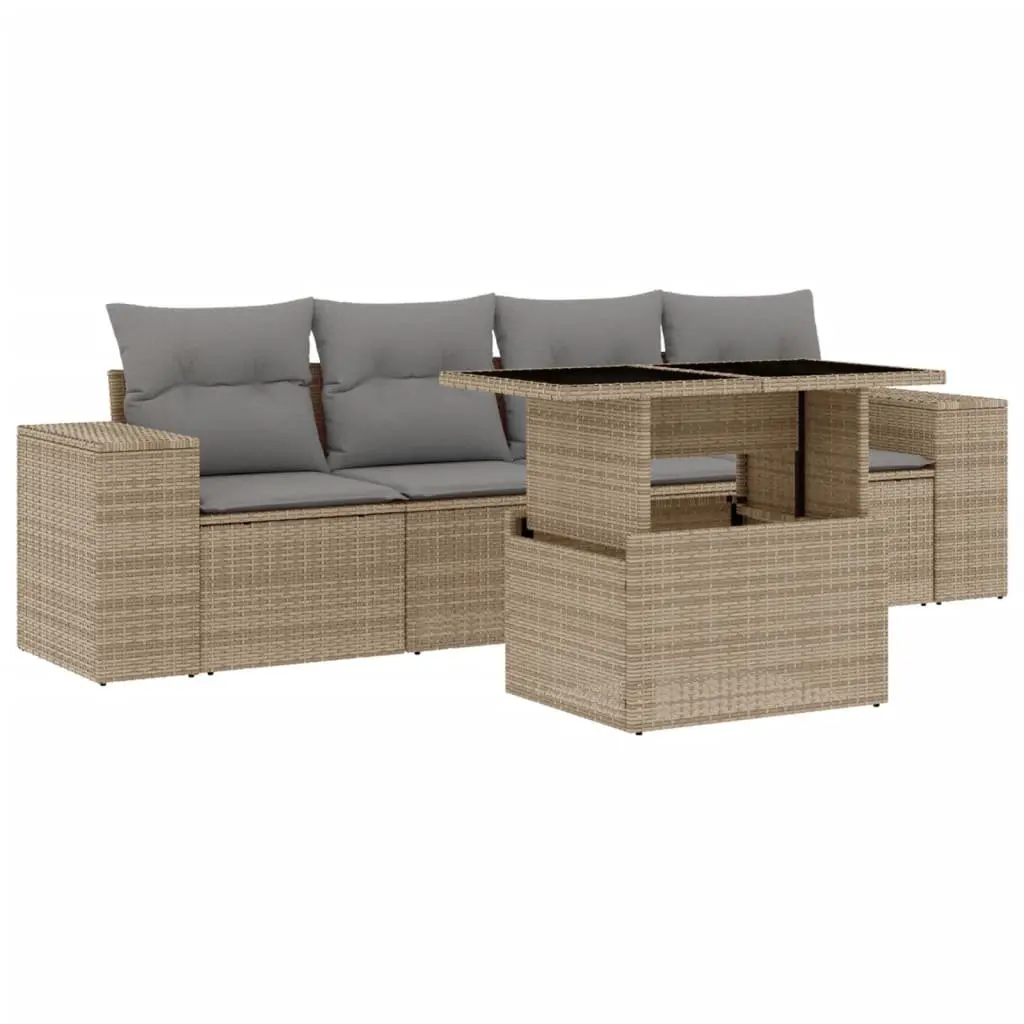 5 Piece Garden Sofa Set with Cushions Beige PE Rattan Outdoor Patio Furniture