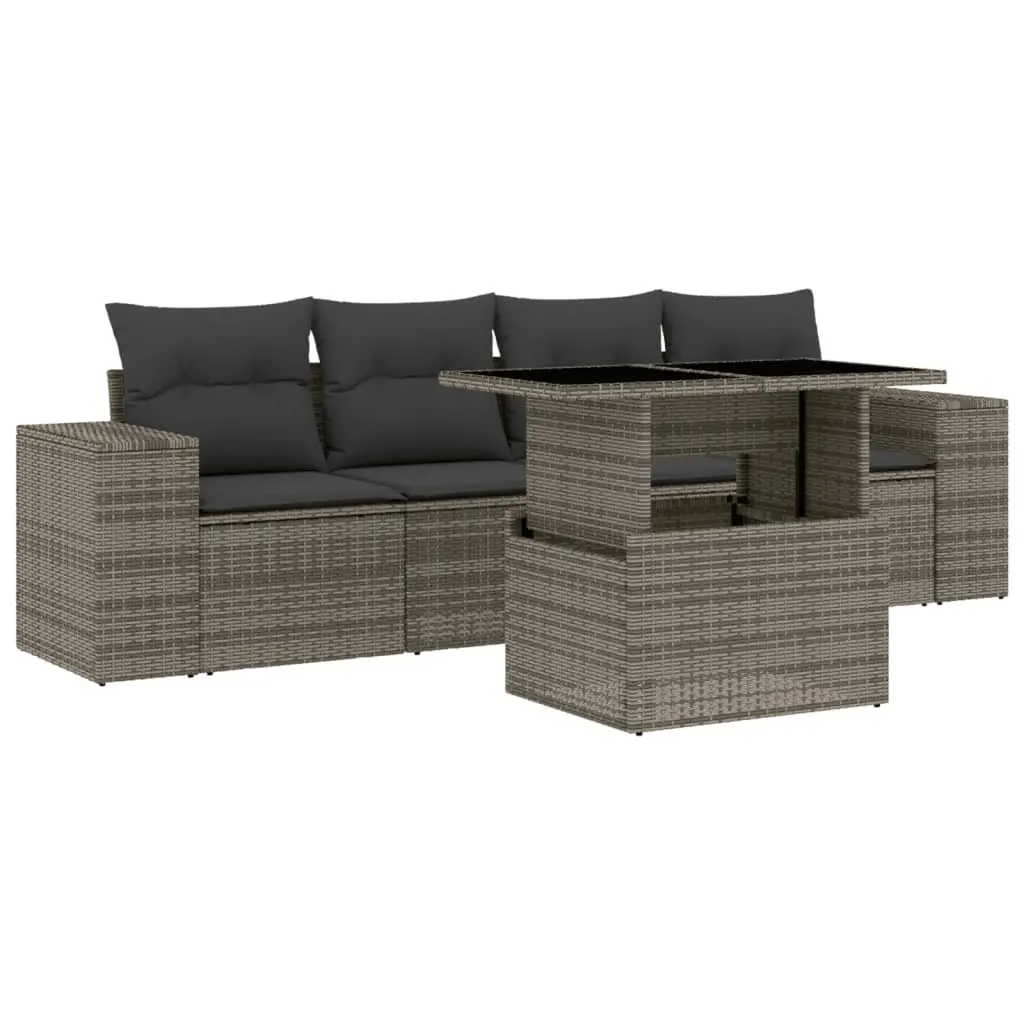 5 Piece Garden Sofa Set Grey Poly Rattan Cushions