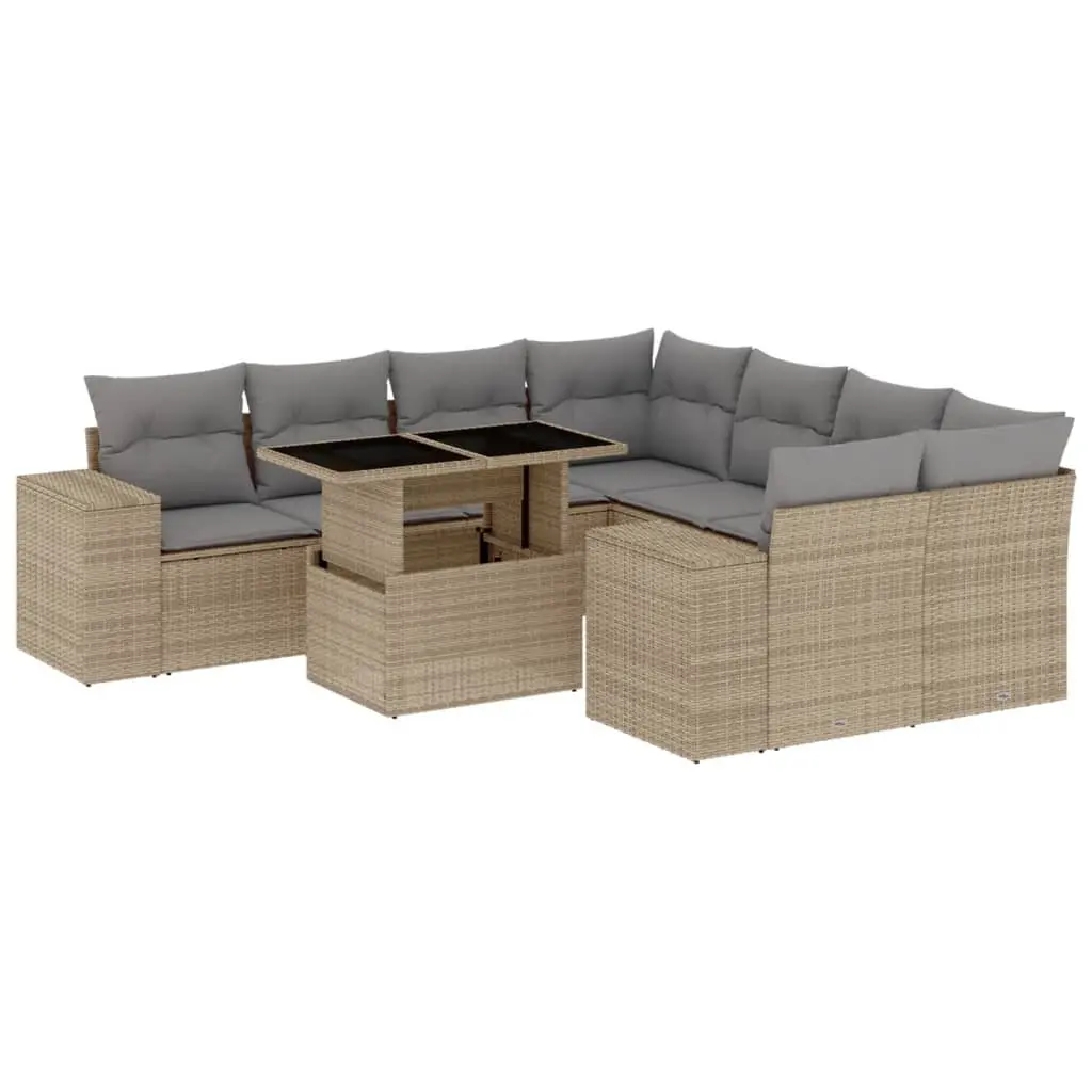 Outdoor Garden Sofa Set 9 Piece Beige Poly Rattan Furniture with Cushions Patio