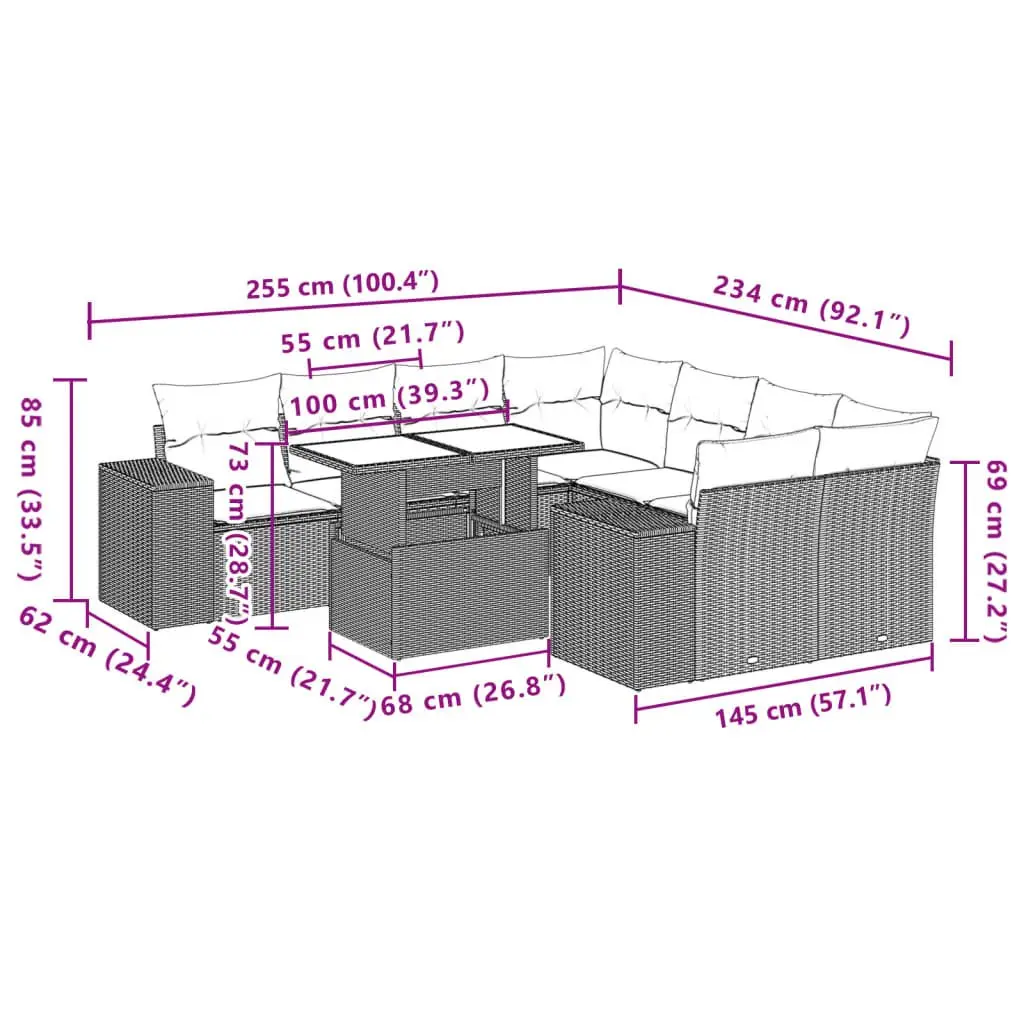 ModularOutdoorGardenSofaSet9PieceGreyWithPaddedCushionsForPatioFurniture