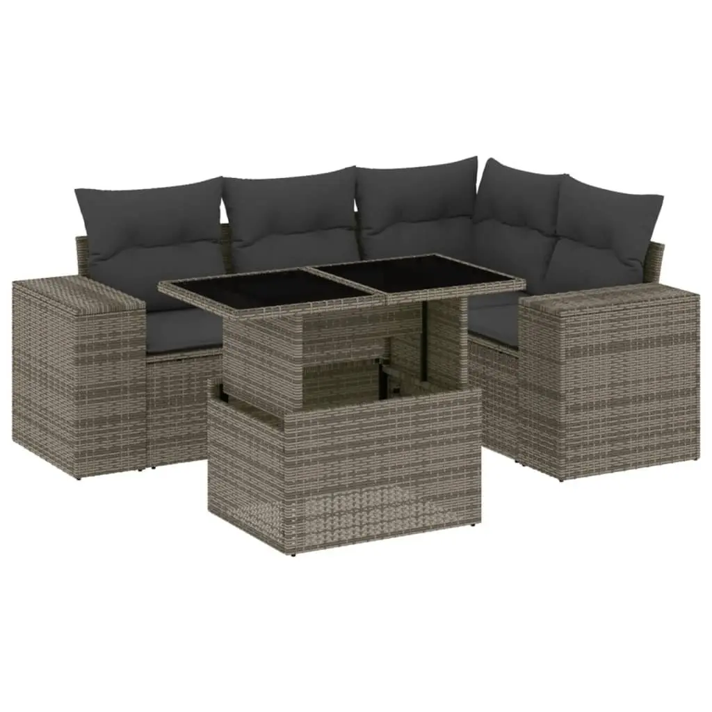 Garden Sofa Set 5 Piece Grey Poly Rattan Outdoor Furniture Patio Cushions