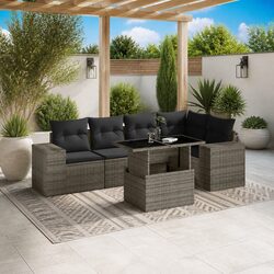 6 Piece Outdoor Garden Sofa Set with Cushions Grey Poly Rattan Patio Furniture