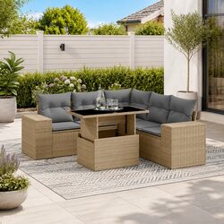 6 Piece Outdoor Garden Sofa Set Beige Poly Rattan Patio Furniture with Cushions