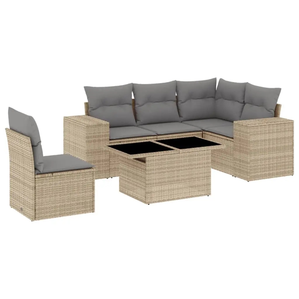 6 Piece Garden Sofa Set Outdoor Patio Furniture with Cushions Beige Poly Rattan