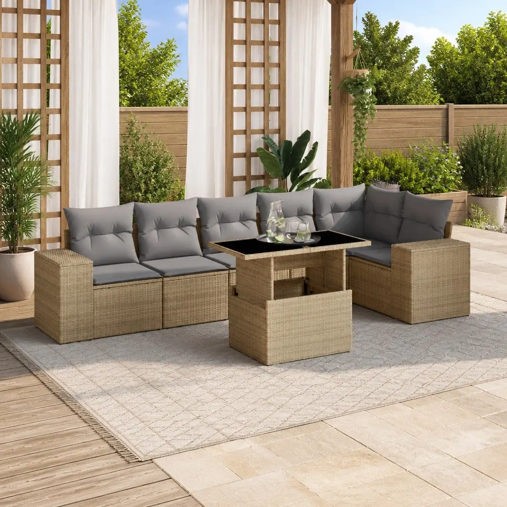 7 Piece Garden Sofa Set with Cushions Beige Poly Rattan Patio Furniture Outdoor