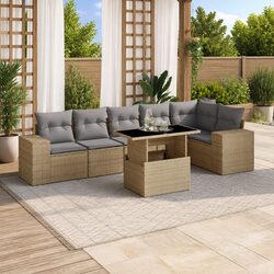 7 Piece Garden Sofa Set with Cushions Beige Poly Rattan Patio Furniture Outdoor