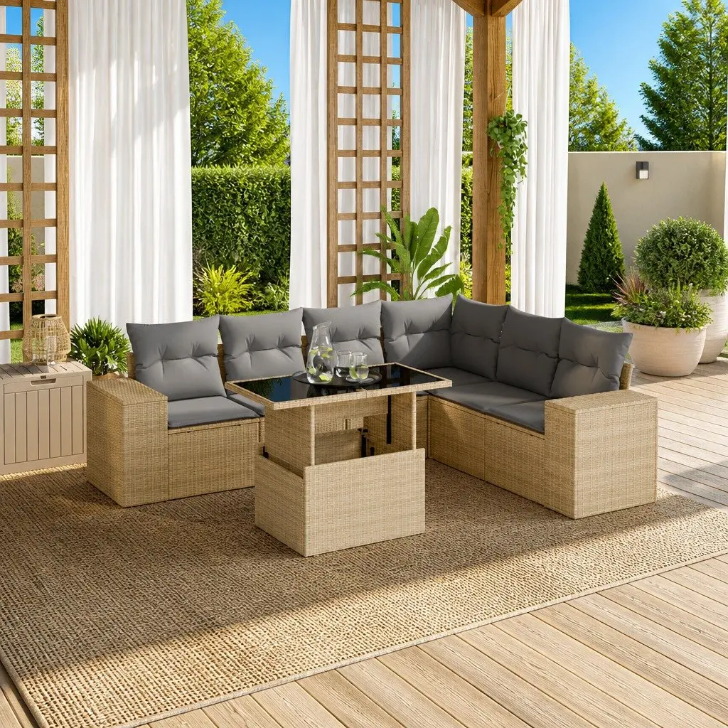 Garden Sofa Set 7 Piece Outdoor Furniture Patio Beige Rattan Modular Seating