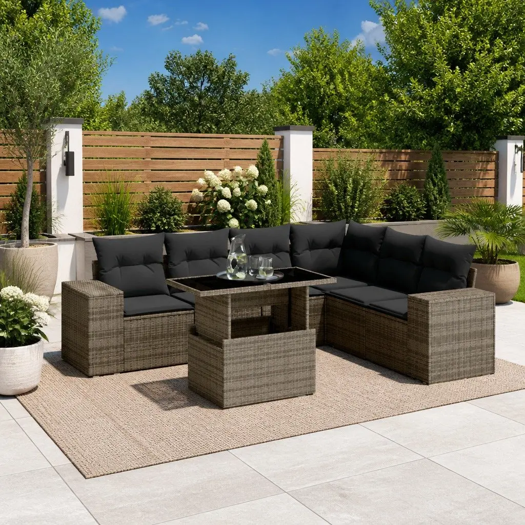 7 Piece Modular Grey Rattan Sofa Set with Cushions for Outdoor Patio Garden